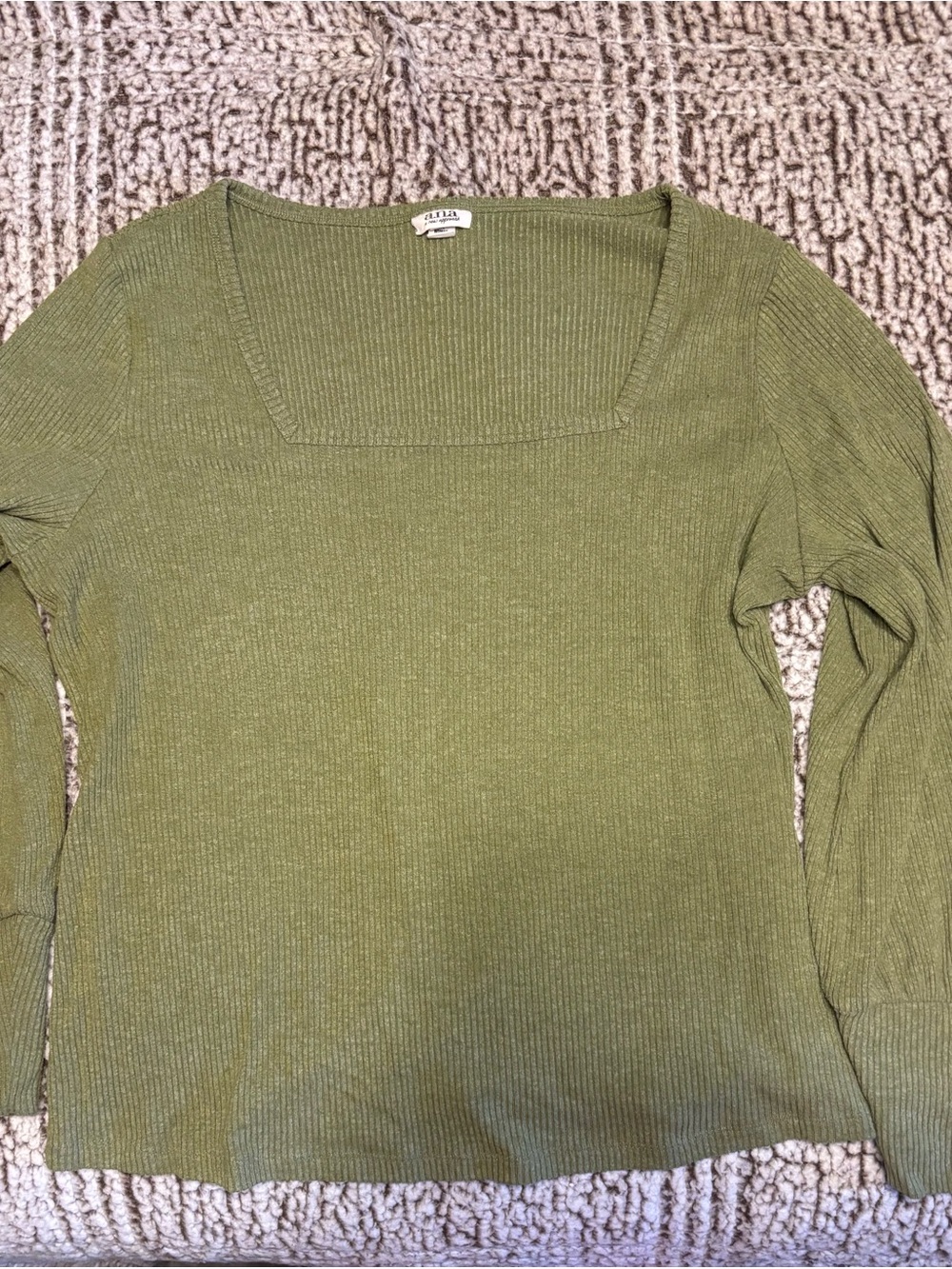 a.n.a Olive Green Ribbed Square-Neck Long Sleeve Sweater